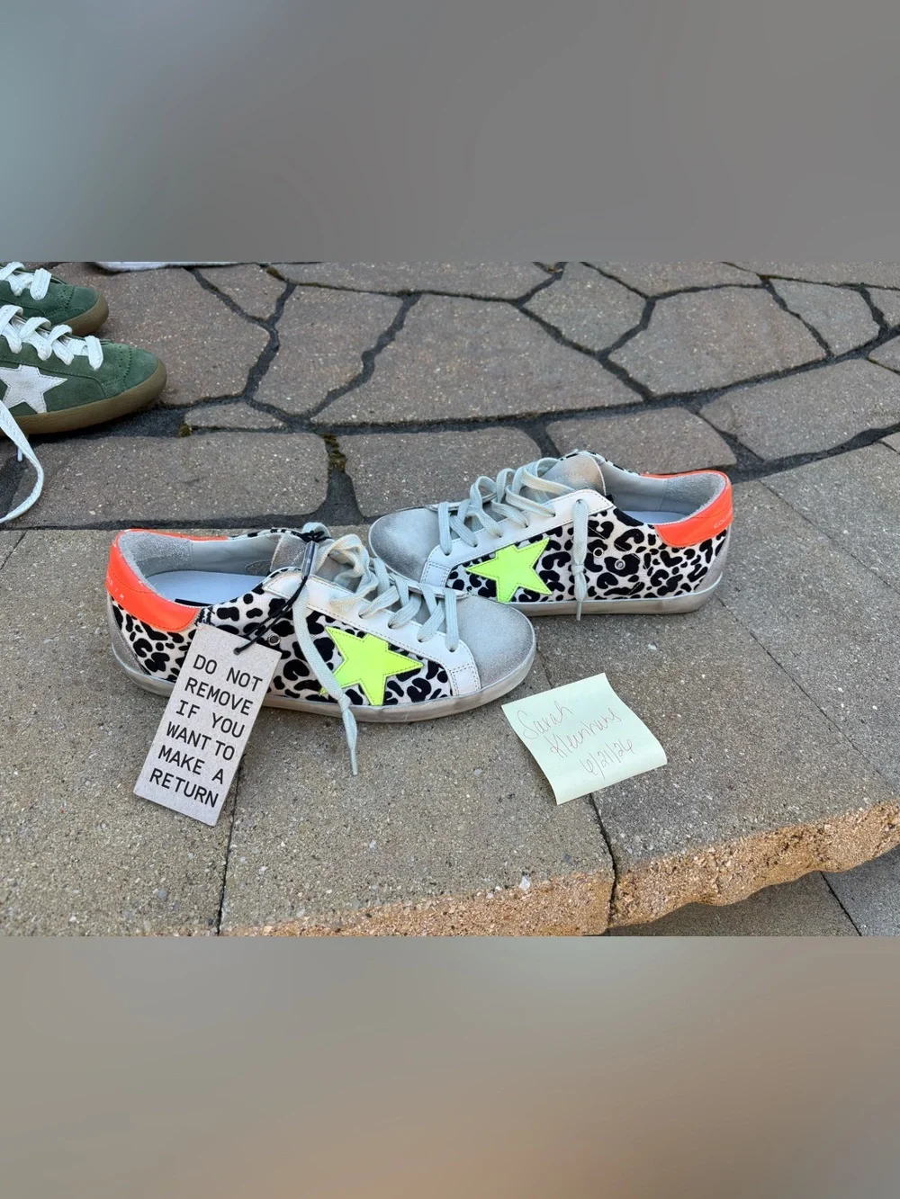 Golden Goose Leopard Print Sneakers with Neon Green Star and Orange Heel - Picture 1 of 6